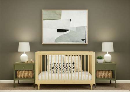 Rendering of a nursery with a light-wood
  crib, olive nightstands and a large abstract painting. 