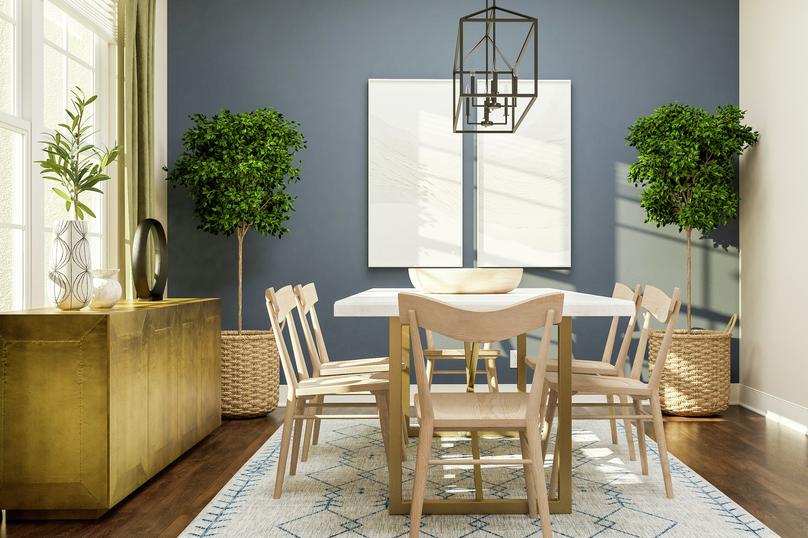 Rendering of a dining room showing a
  large gold media cabinet on the left and a large dining table with chairs
  centered under a metal light fixture in front of a blue accent wall with dark
  wood look flooring throughout.