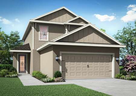 A brown, two-story home with a two-car garage and a walkway wrapping around to the front entrance.