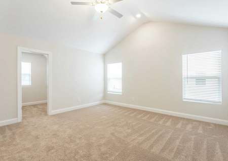 Hartford brown carpets, white trim, and ceiling fan
