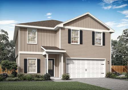 Rendering of the Rio with a covered front porch and a 3/4 lite front door.