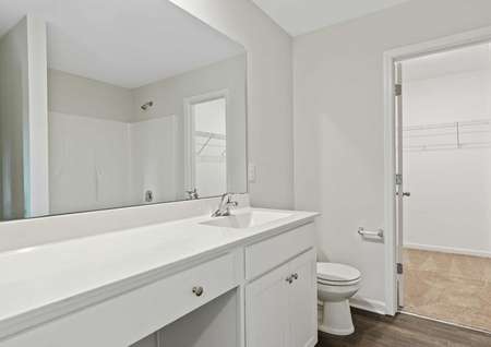 Avery home bath with white fixtures, extended vanity, and walk-in closet attached