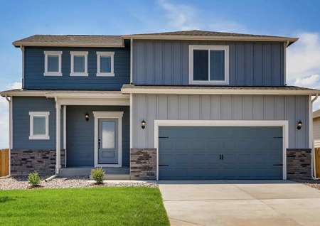Mesa Verde exterior street view with multi-tone blue siding, stone accent wall, and green lawn