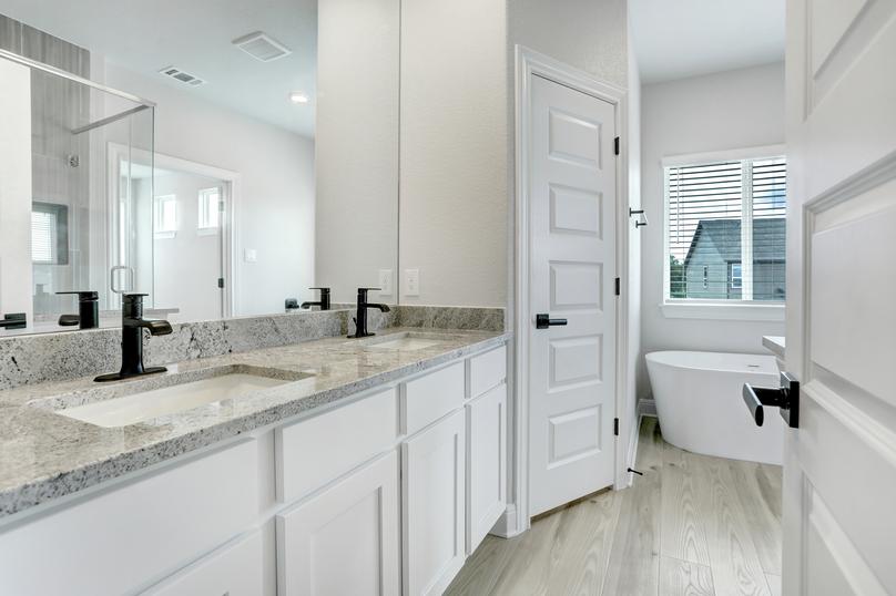 Master bathroom with designer matte black fixtures, granite countertops, and white cabinetry.