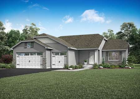 Artist rendering of the front exterior of the St Valentine plan with light gray siding and dark gray shutters and stone accents.