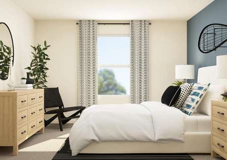 Rendering of a secondary bedroom
  featuring natural wood furniture along an accent wall.