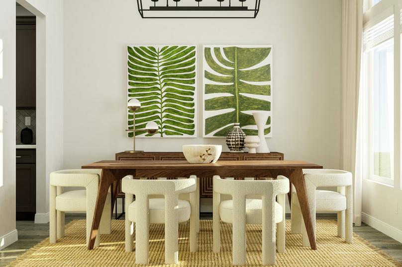 Rendering of the formal dining room  featuring a modern dining table and chairs, media cabinet, and wall art.