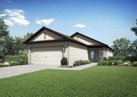 Front & side view of the Myakka floor plan rendering with a front yard that has lush green grass and a two-car garage.