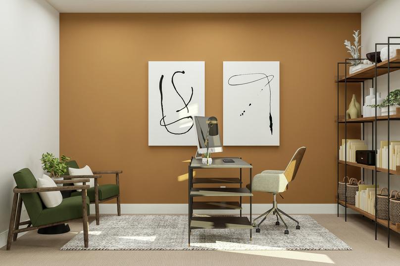 Rendering of the office with a computer
  desk and chair, two armchairs and tastefully decorated shelves. The accent  wall is adorned with two modern artworks.