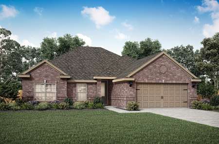 Artist illustration of the one-story Hendrie by LGI Homes with reddish brown brick and tan paint trim.