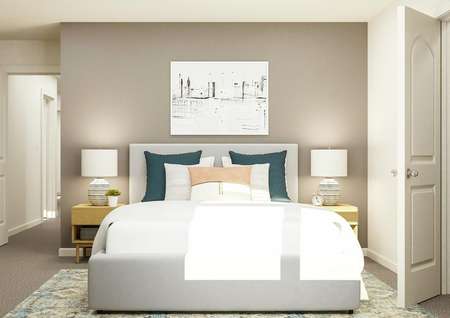 Rendering of a secondary bedroom
  featuring large furniture and neutral carpet flooring.