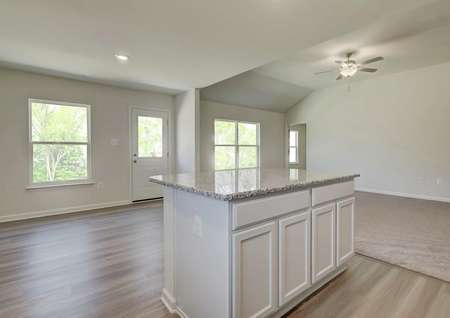 Open and spacious entertaining area with kitchen, dining, living rooms, windows, fan, plank flooring.