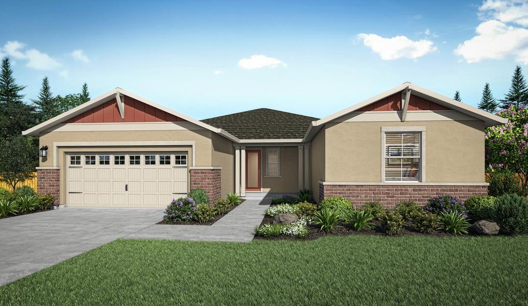 The Roosevelt plan is a single-story home with tan stucco and red siding accents.