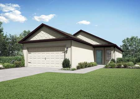 One-story home with a covered entryway, two-car garage and a window at the entrance. 