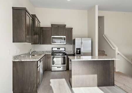 The chef-ready kitchen comes with stainless steel appliances 
