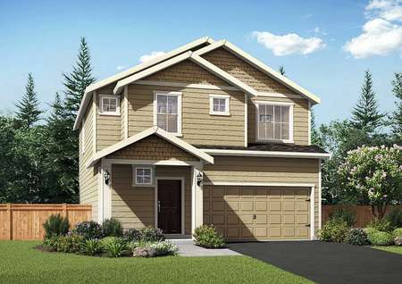 Cypress rendering with light brown siding, white trim, and landscape yard