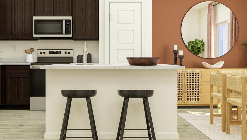 Rendering of the kitchen in the Coronado
  floor plan with brown cabinetry, granite counters, stainless steel appliances
  and island decorated with two barstools.