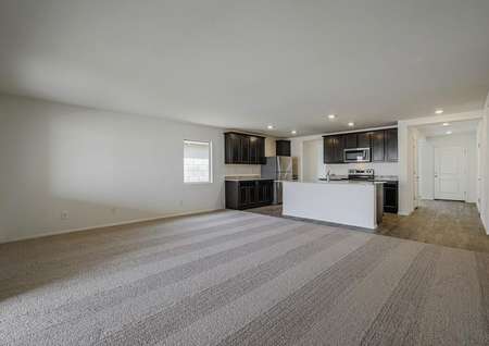 Spacious family room with an open-concept layout, leading into the designer kitchen.