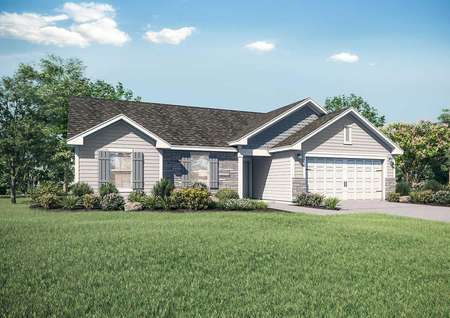 Chippewa artist rendering with single living level, landscaped yard, and white garage door