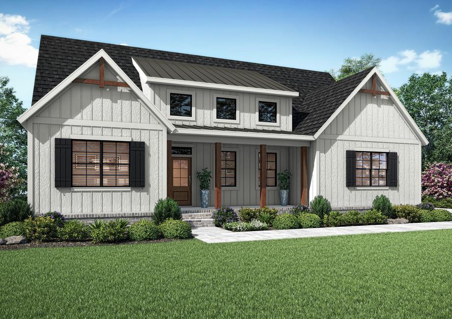 Elevation of the single story Unicoi with white siding, dark shutters and wood accents.