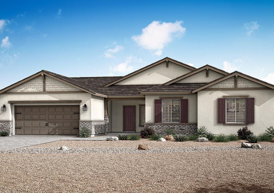The Newport plan with desert landscaping and a stucco and brick exterior.