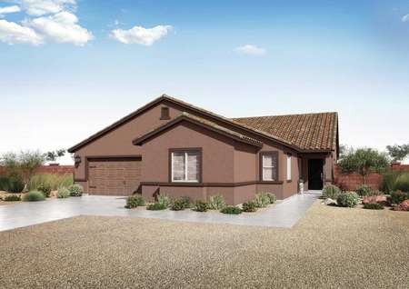 The Picacho floor renderings with a two-car garage and a gravel front yard.