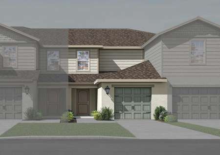 Illustration of two-story townhome with a one-car garage and front yard landscaping.