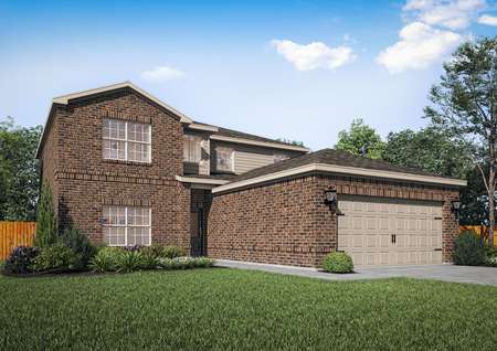 Rendering of two-story brick home with extended attached two-car garage and tan siding.
