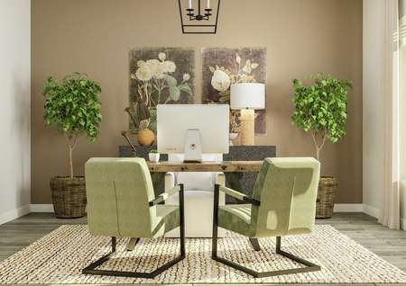 Rendering of the Overholser's study,
  complete with a large desk and chairs. A set of large windows are to the
  right.