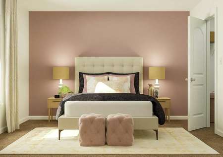 Rendering of girls secondary bedroom with
  pink accent wall and dual side tables.