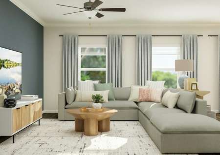 Rendering of the living room featuring a
  large sectional couch in front of two windows. The space is also furnished
  with a round coffee table and entertainment center.
