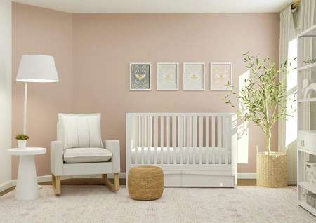 Rendering of a spacious bedroom decorated
  as a nursery with a white crib, light-colored rocking chair, white shelving
  and pink rug. The space has a window and accent wall painted pink.