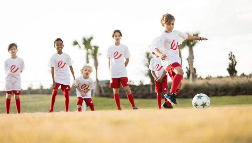 Young team of soccer players kicking a soccer ball. 