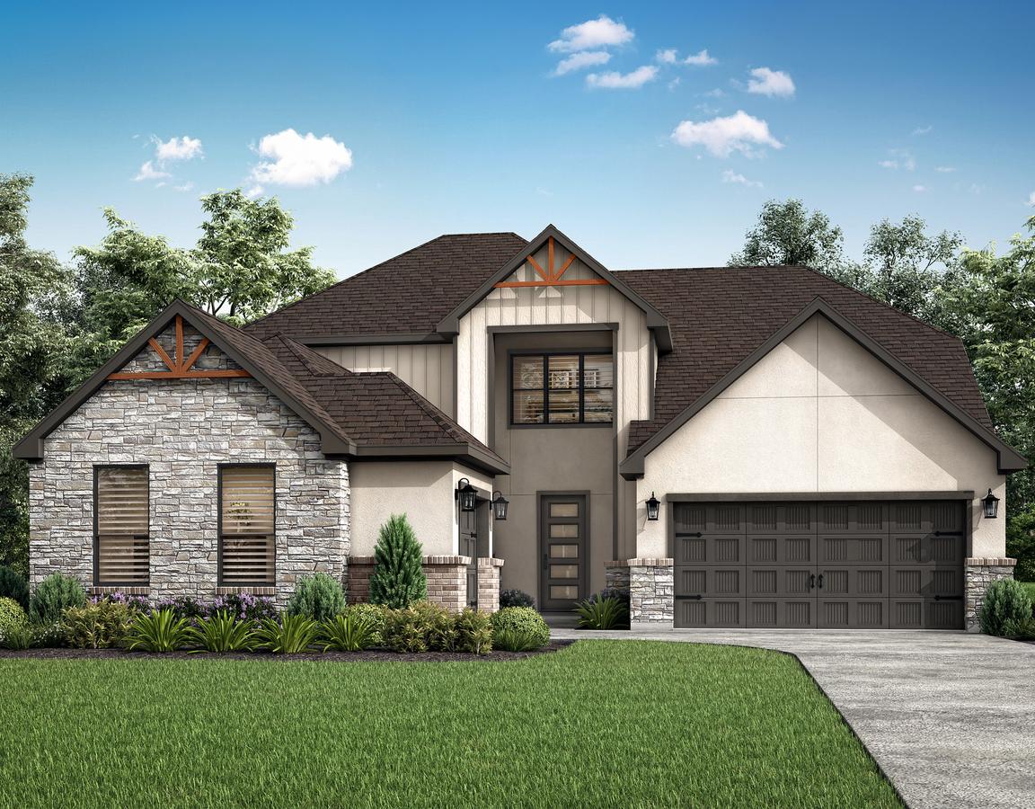 The McAlester is a remarkable two-story home with light stucco, brick and stone.