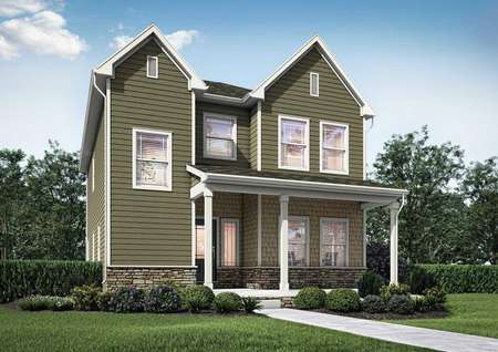 Artist rendering of the 2-story Smithfield plan with a covered front porch, multiple windows, sage colored siding with white trim and glass front door with side window and water table stone accents.