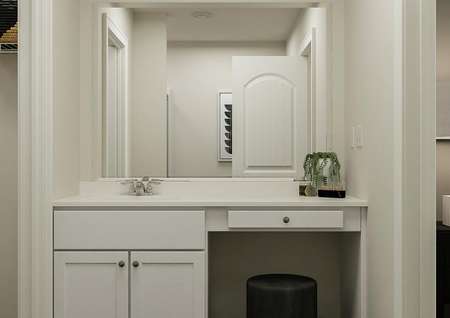 Rendering of the master bath focused on
  the sink, make-up vanity and white cabinetry. The mirror reflects that
  bathtub. 