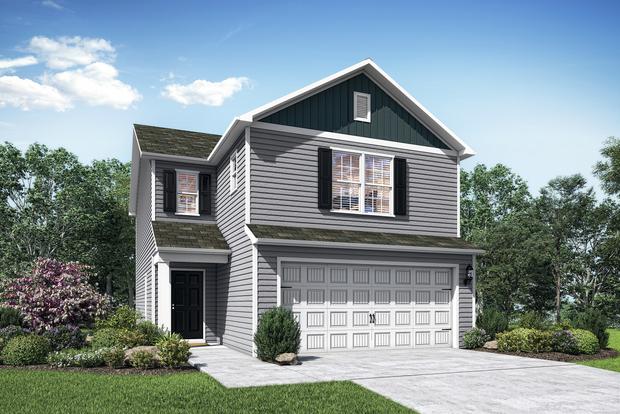 The Ashley exterior with gray siding, a black door, black shutters and a two-car garage.