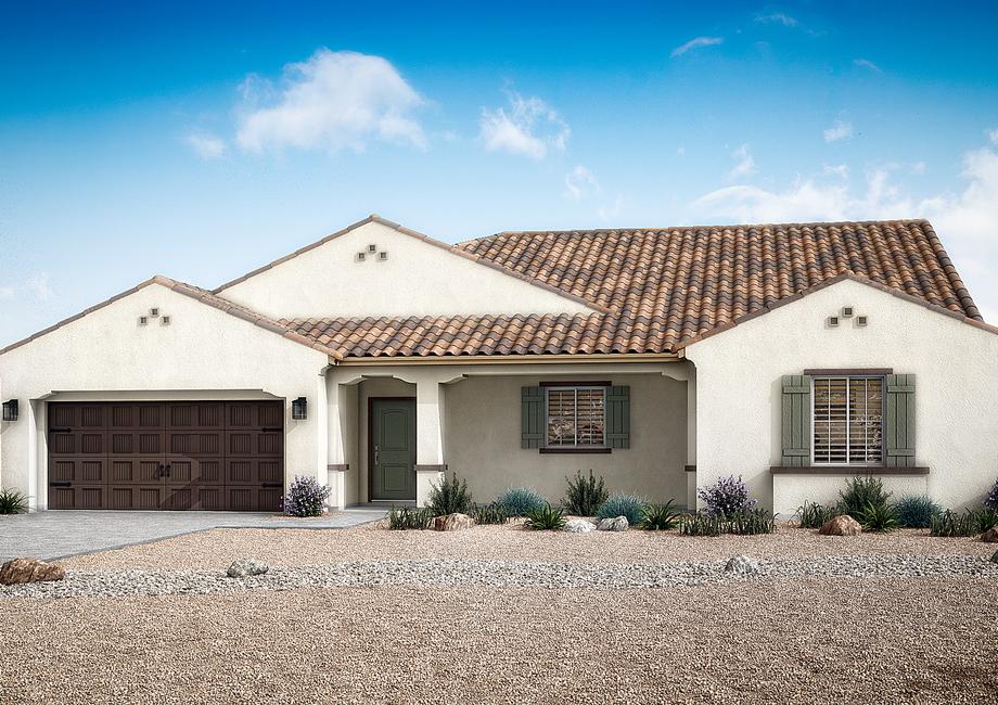 The Pismo plan with desert landscaping and a stucco exterior.