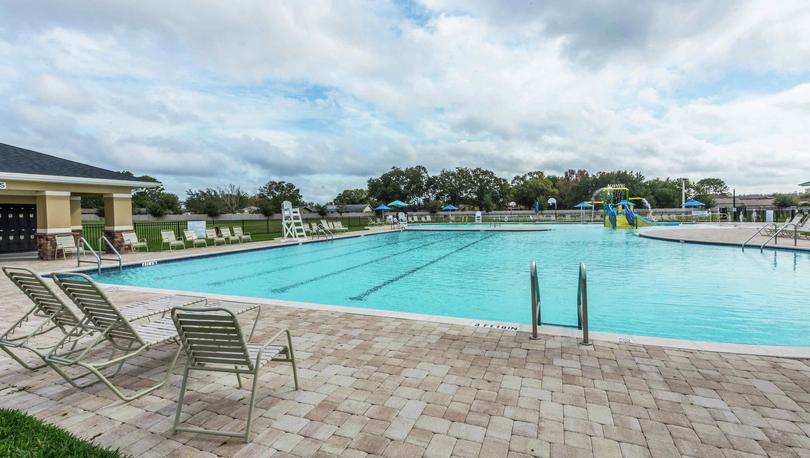 Side view of the Poinciana community pool that has brick pavers and loungers around it.