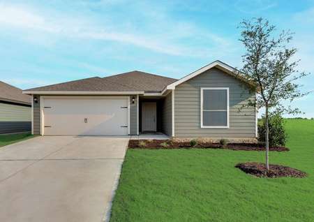 The Sabine plan has a charming exterior with gray siding.