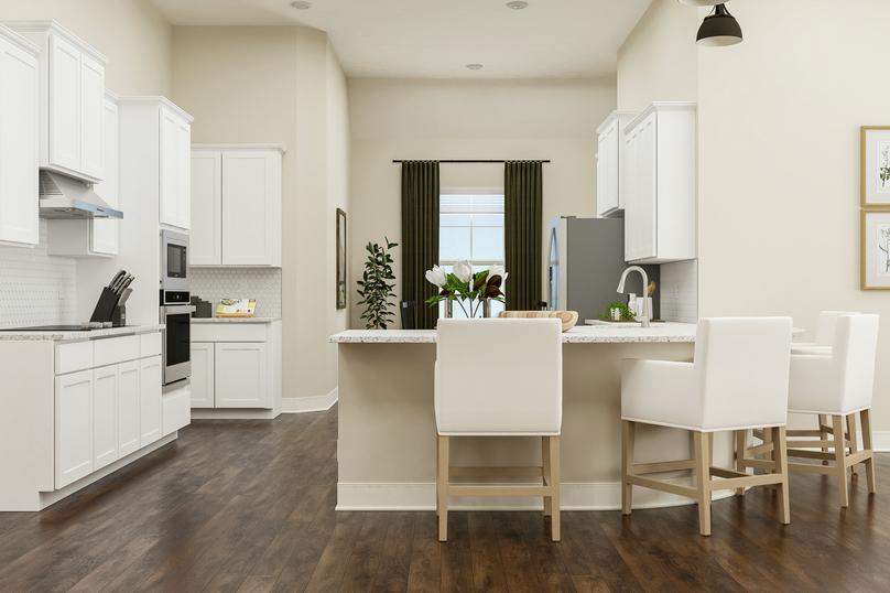 Rendering of spacious kitchen showing
  white cabinetry, a large white island with chairs and dÃ©cor, and stainless
  steel appliances with dark wood look flooring throughout.