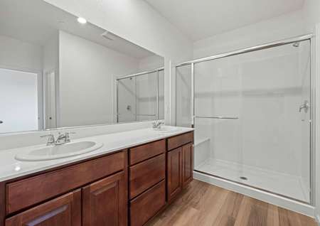 The master bathroom has a dual sink vanity and a step in shower. 