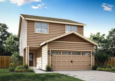 Artist rendering of the two-story Baker floor plan by LGI Homes in beige siding with shake shingle detail and tan trim, a 3/4 lite front door and windows on the garage.