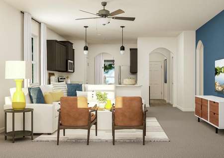 Rendering of the Maple's spacious open
  floor plan featuring the living area and large kitchen.