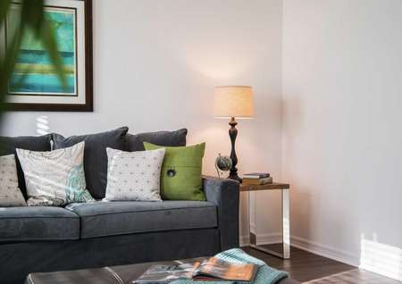 Model home staged with a grey sofa with multiple different pillows on it, a lit lamp with a beige shade, and a picture hanging on the wall