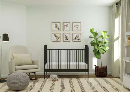 Rendering of a spacious bedroom decorated
  as a nursery with a black crib, light-colored rocking chair, white shelving
  and a striped rug