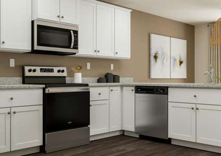 Rendering of the kitchen with vinyl plank
  flooring, white cabinetry and stainless steel appliances. The dining room is
  visible in the background.