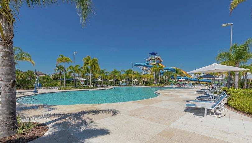 Resort swimming pool surrounded by chairs, patio umbrellas and palm trees. 