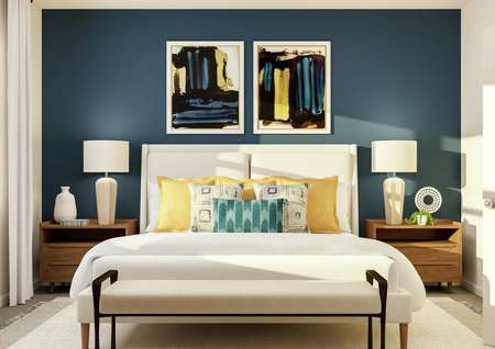 Rendering of the owner's bedroom
  featuring oversized furniture along a bright accent wall.