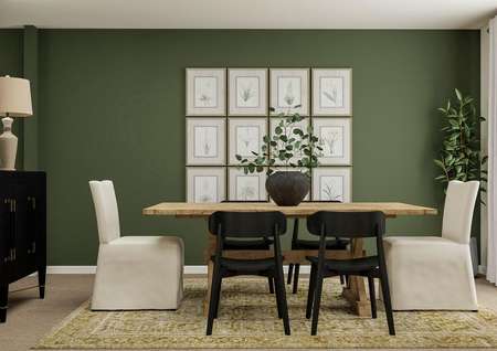 Rendering of the dining room, which has a
  large window and is furnished with a six-person table, large buffet and a
  potted tree.
